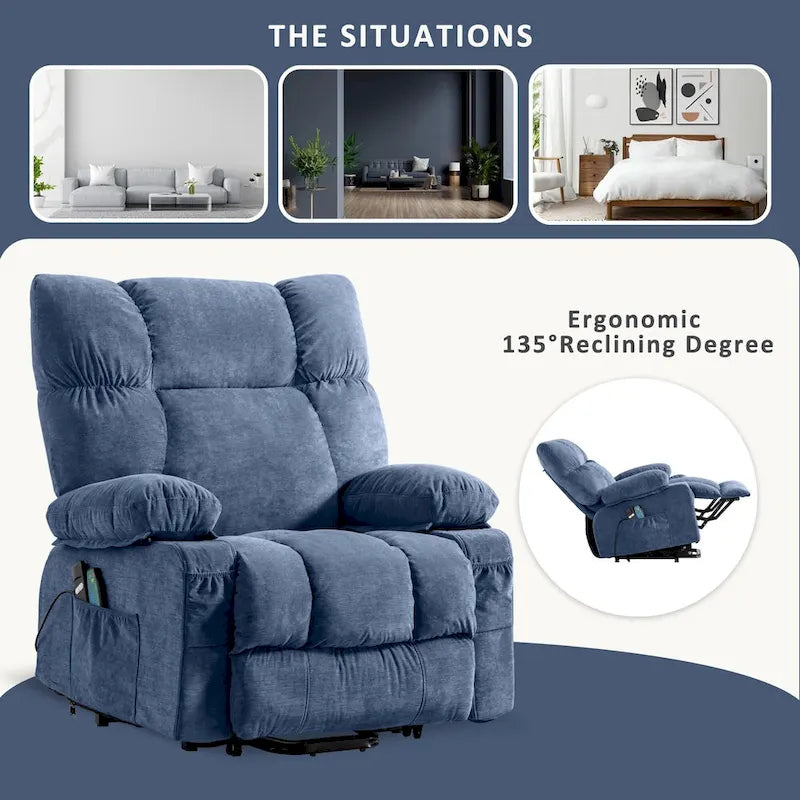 Blue Power Lift Recliner with Heating, Massage, USB Charging, Side Storage, and Remote Control Functionality