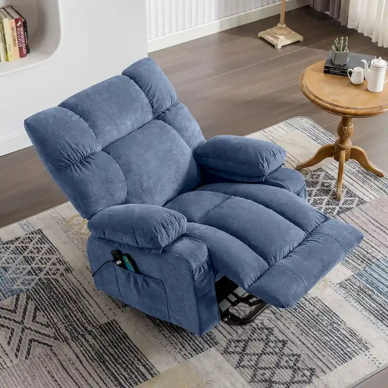 Blue Power Lift Recliner with Heating, Massage, USB Charging, Side Storage, and Remote Control Functionality