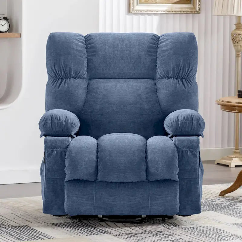 Blue Power Lift Recliner with Heating, Massage, USB Charging, Side Storage, and Remote Control Functionality
