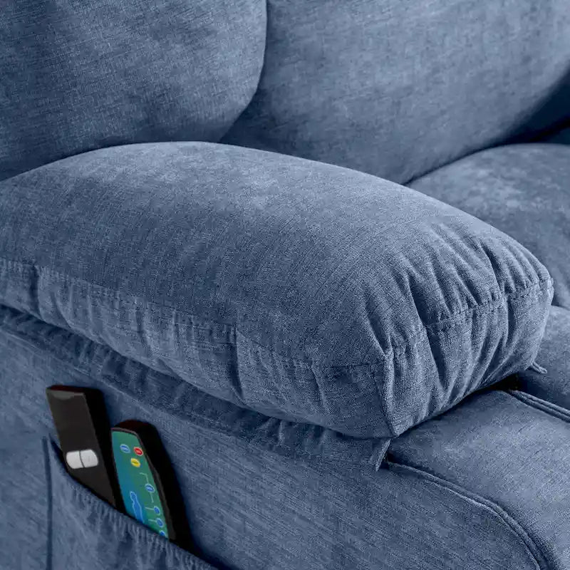 Blue Power Lift Recliner with Heating, Massage, USB Charging, Side Storage, and Remote Control Functionality