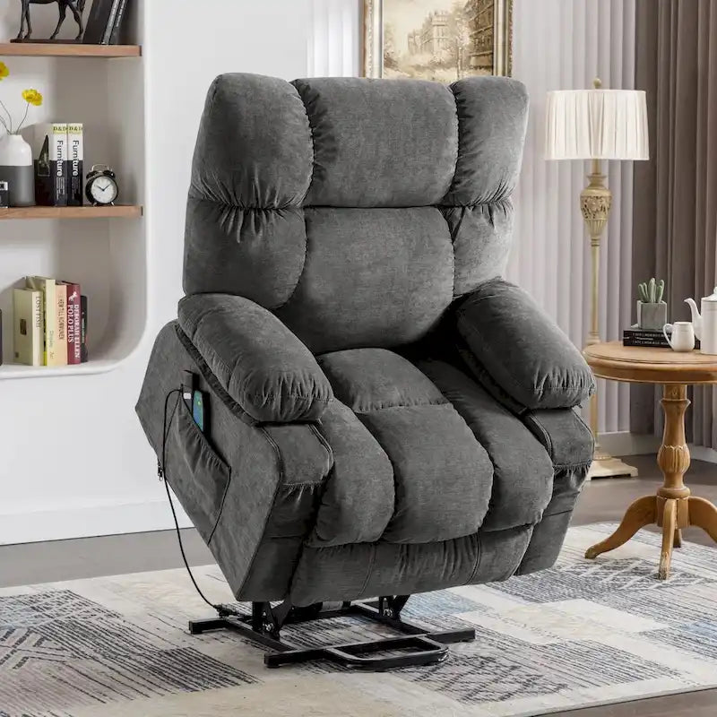 Blue Power Lift Recliner with Heating, Massage, USB Charging, Side Storage, and Remote Control Functionality