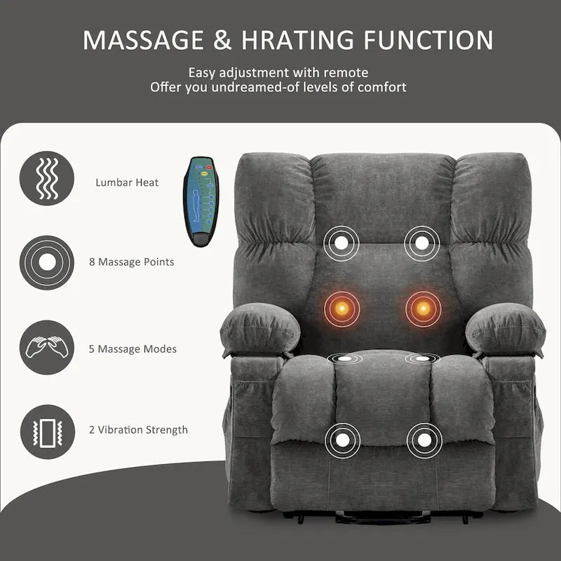 Blue Power Lift Recliner with Heating, Massage, USB Charging, Side Storage, and Remote Control Functionality