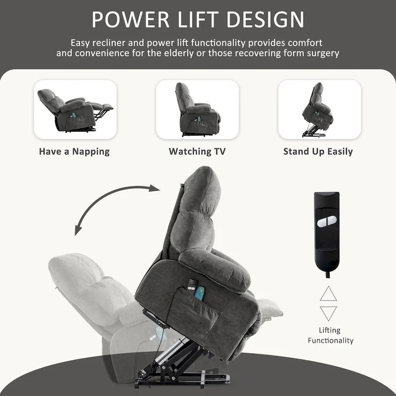 Blue Power Lift Recliner with Heating, Massage, USB Charging, Side Storage, and Remote Control Functionality