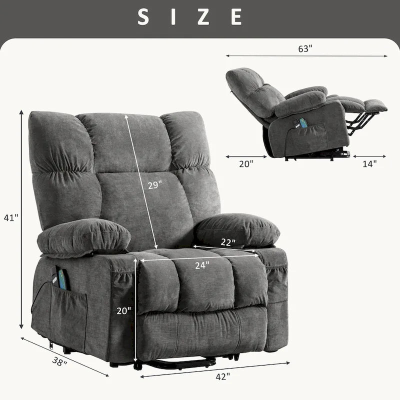 Blue Power Lift Recliner with Heating, Massage, USB Charging, Side Storage, and Remote Control Functionality