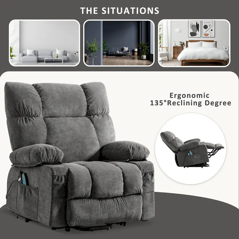 Blue Power Lift Recliner with Heating, Massage, USB Charging, Side Storage, and Remote Control Functionality