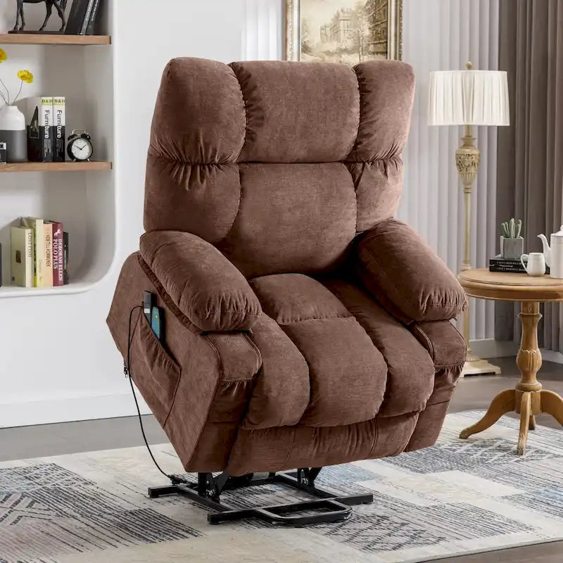 Blue Power Lift Recliner with Heating, Massage, USB Charging, Side Storage, and Remote Control Functionality