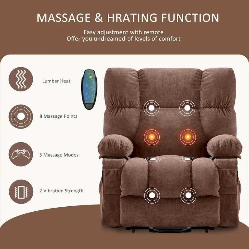 Blue Power Lift Recliner with Heating, Massage, USB Charging, Side Storage, and Remote Control Functionality