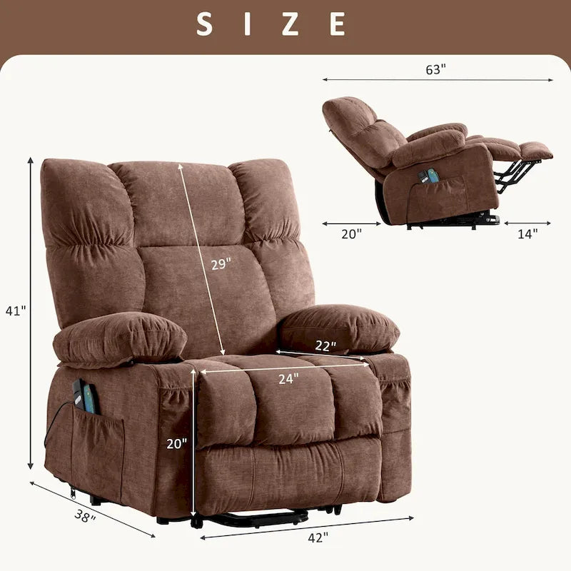 Blue Power Lift Recliner with Heating, Massage, USB Charging, Side Storage, and Remote Control Functionality