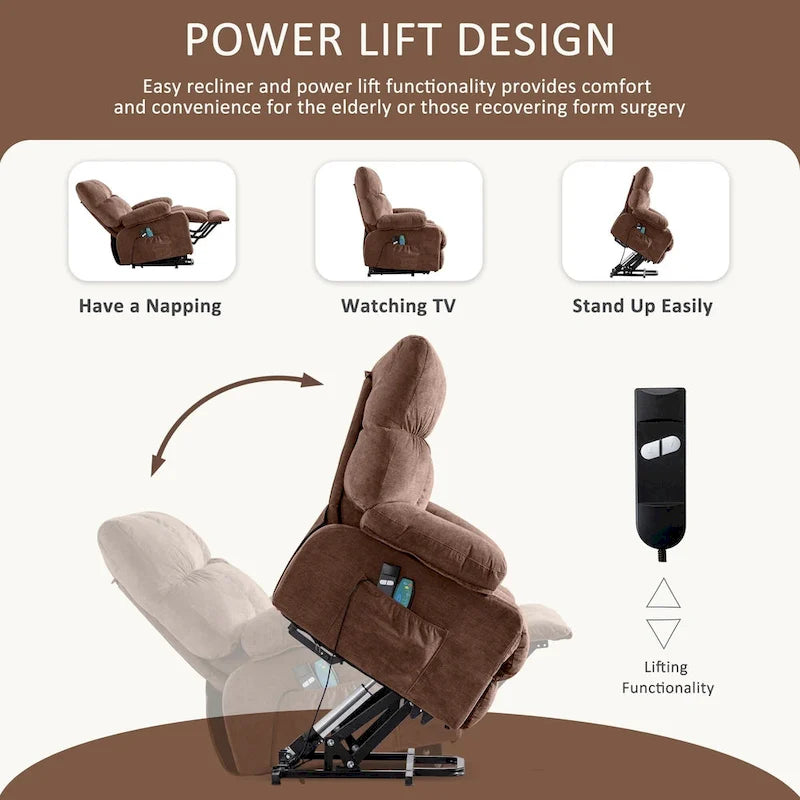 Blue Power Lift Recliner with Heating, Massage, USB Charging, Side Storage, and Remote Control Functionality