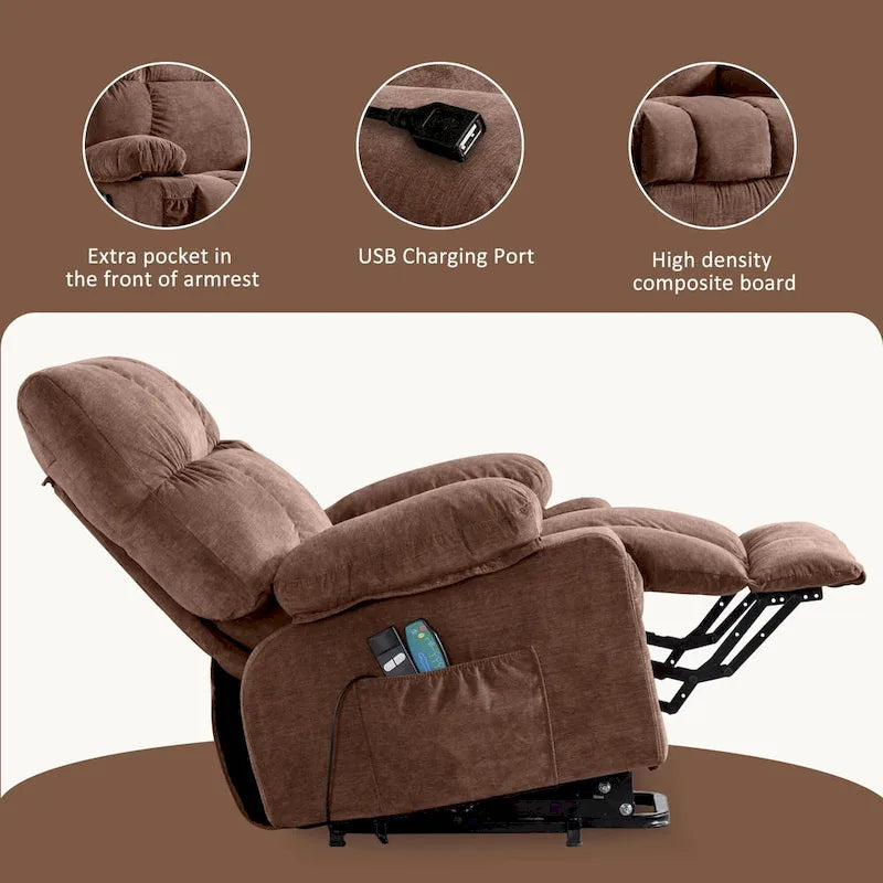Blue Power Lift Recliner with Heating, Massage, USB Charging, Side Storage, and Remote Control Functionality