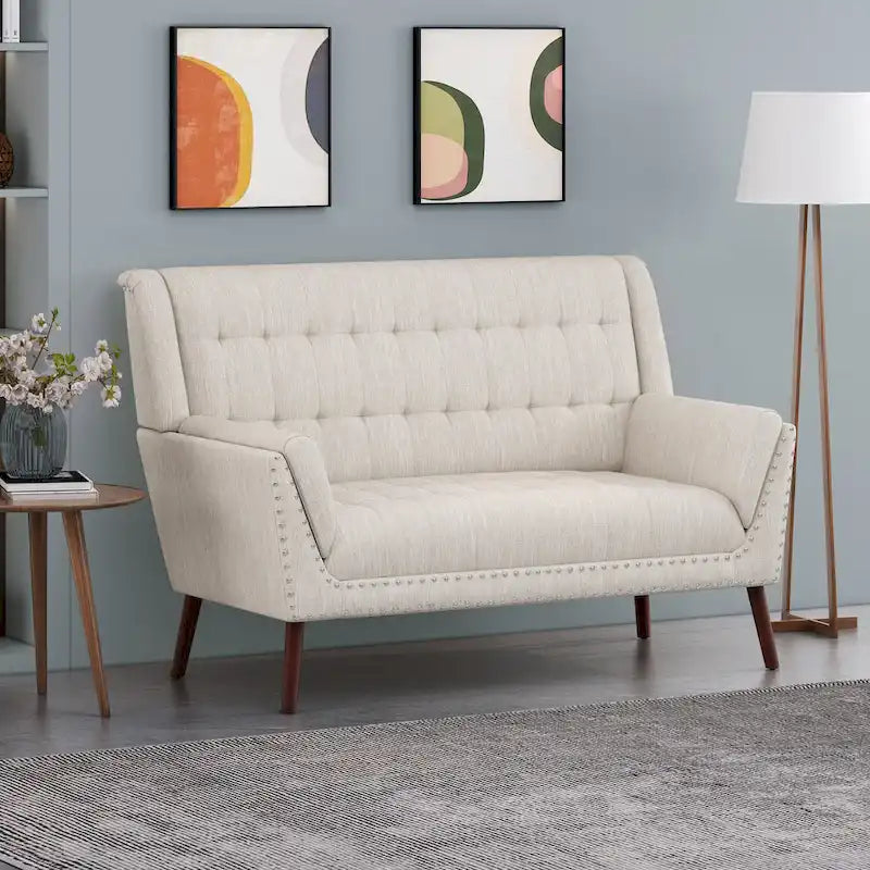 Stoff-Sitzbank im Mid-Century-Stil mit Nagelkopfbesatz