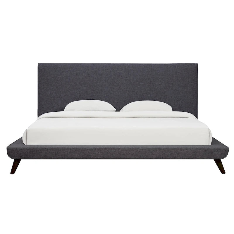 Modernes Plattformbett im Mid-Century-Stil aus grauem Leinen