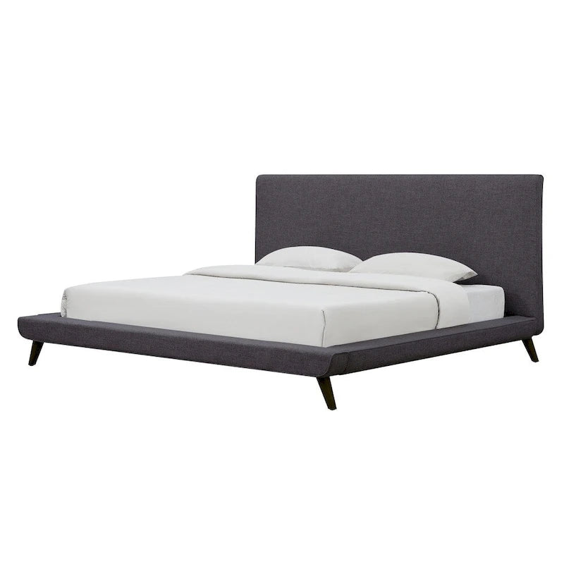 Modernes Plattformbett im Mid-Century-Stil aus grauem Leinen