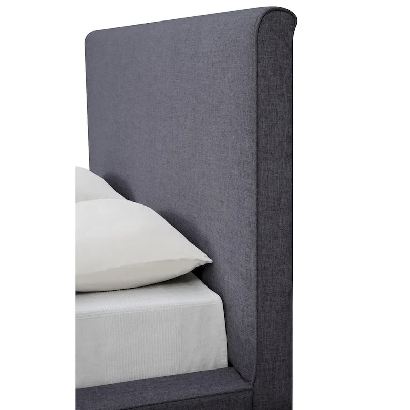 Modernes Plattformbett im Mid-Century-Stil aus grauem Leinen