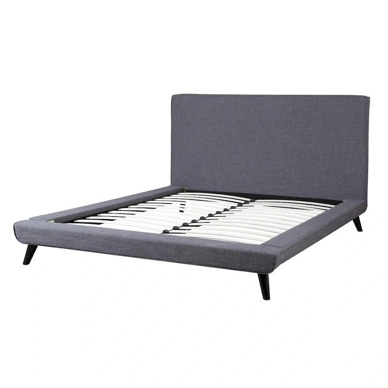 Modernes Plattformbett im Mid-Century-Stil aus grauem Leinen