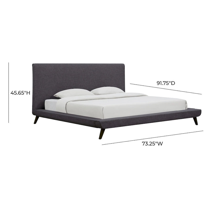 Modernes Plattformbett im Mid-Century-Stil aus grauem Leinen