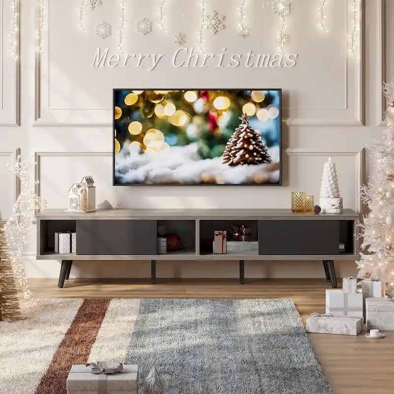 TV-Ständer für Fernseher bis 75 Zoll mit Entertainment-Center aus Massivholz, TV-Konsole im Mid-Century-Stil - 70 Zoll