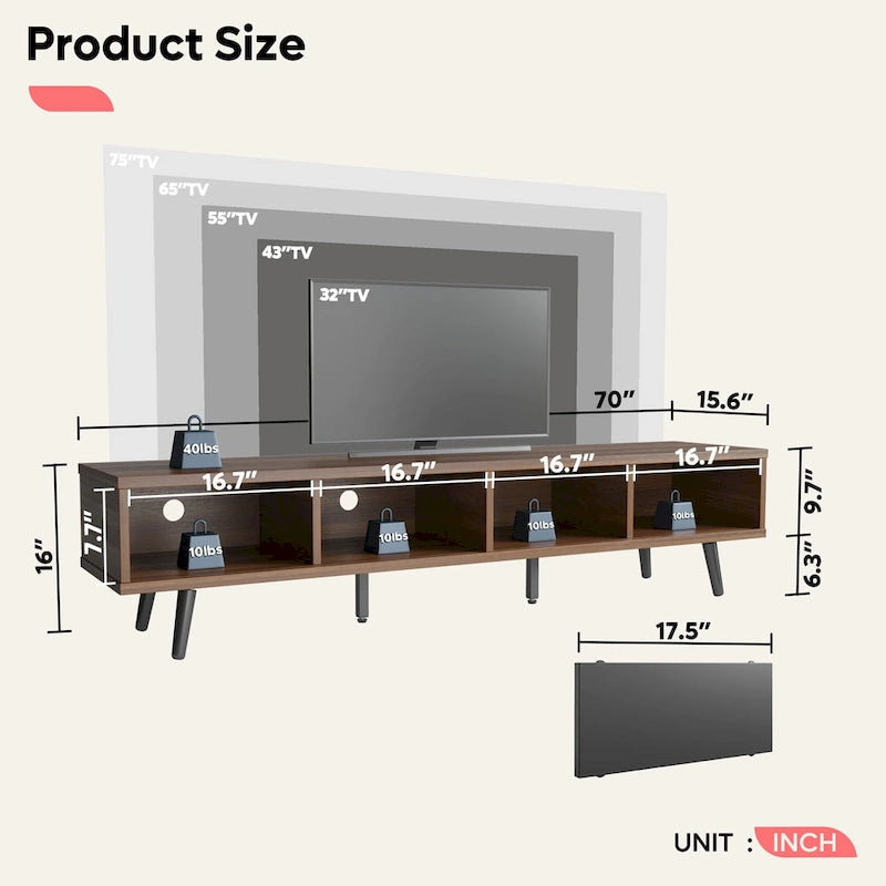 TV-Ständer für Fernseher bis 75 Zoll mit Entertainment-Center aus Massivholz, TV-Konsole im Mid-Century-Stil - 70 Zoll