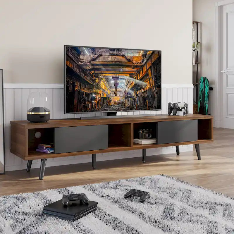 TV-Ständer für Fernseher bis 75 Zoll mit Entertainment-Center aus Massivholz, TV-Konsole im Mid-Century-Stil - 70 Zoll
