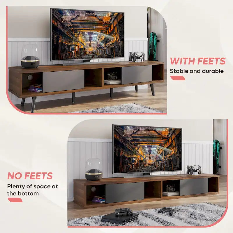 TV-Ständer für Fernseher bis 75 Zoll mit Entertainment-Center aus Massivholz, TV-Konsole im Mid-Century-Stil - 70 Zoll