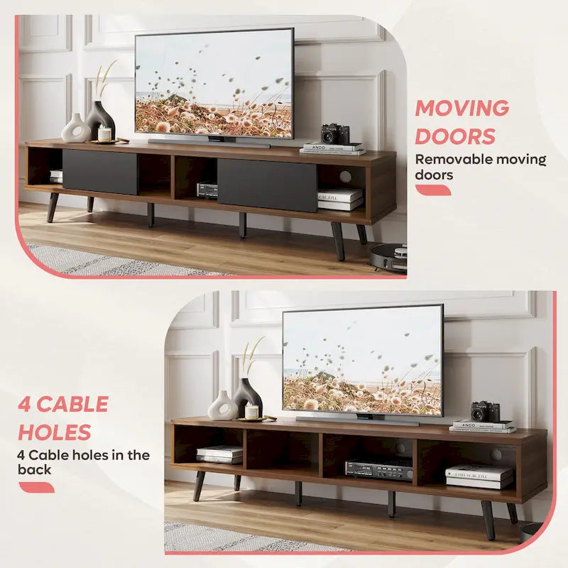 TV-Ständer für Fernseher bis 75 Zoll mit Entertainment-Center aus Massivholz, TV-Konsole im Mid-Century-Stil - 70 Zoll