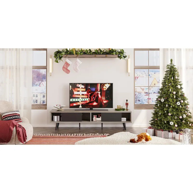 TV-Ständer für Fernseher bis 75 Zoll mit Entertainment-Center aus Massivholz, TV-Konsole im Mid-Century-Stil - 70 Zoll