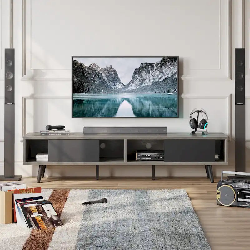 TV-Ständer für Fernseher bis 75 Zoll mit Entertainment-Center aus Massivholz, TV-Konsole im Mid-Century-Stil - 70 Zoll