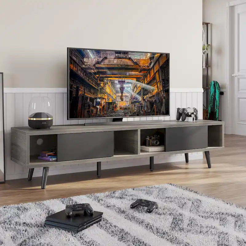 TV-Ständer für Fernseher bis 75 Zoll mit Entertainment-Center aus Massivholz, TV-Konsole im Mid-Century-Stil - 70 Zoll