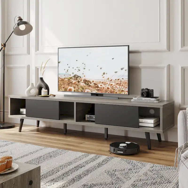 TV-Ständer für Fernseher bis 75 Zoll mit Entertainment-Center aus Massivholz, TV-Konsole im Mid-Century-Stil - 70 Zoll