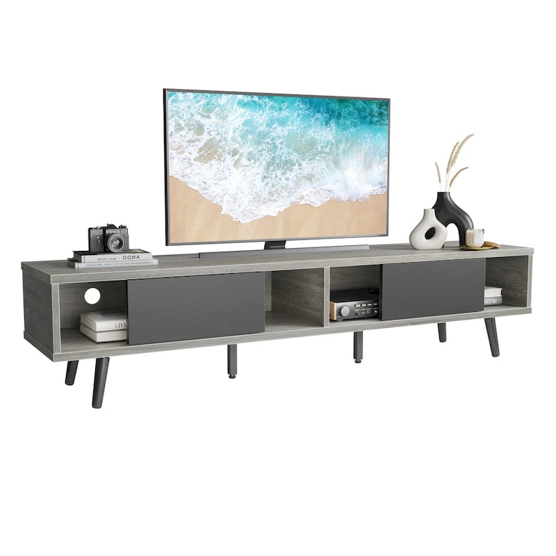TV-Ständer für Fernseher bis 75 Zoll mit Entertainment-Center aus Massivholz, TV-Konsole im Mid-Century-Stil - 70 Zoll