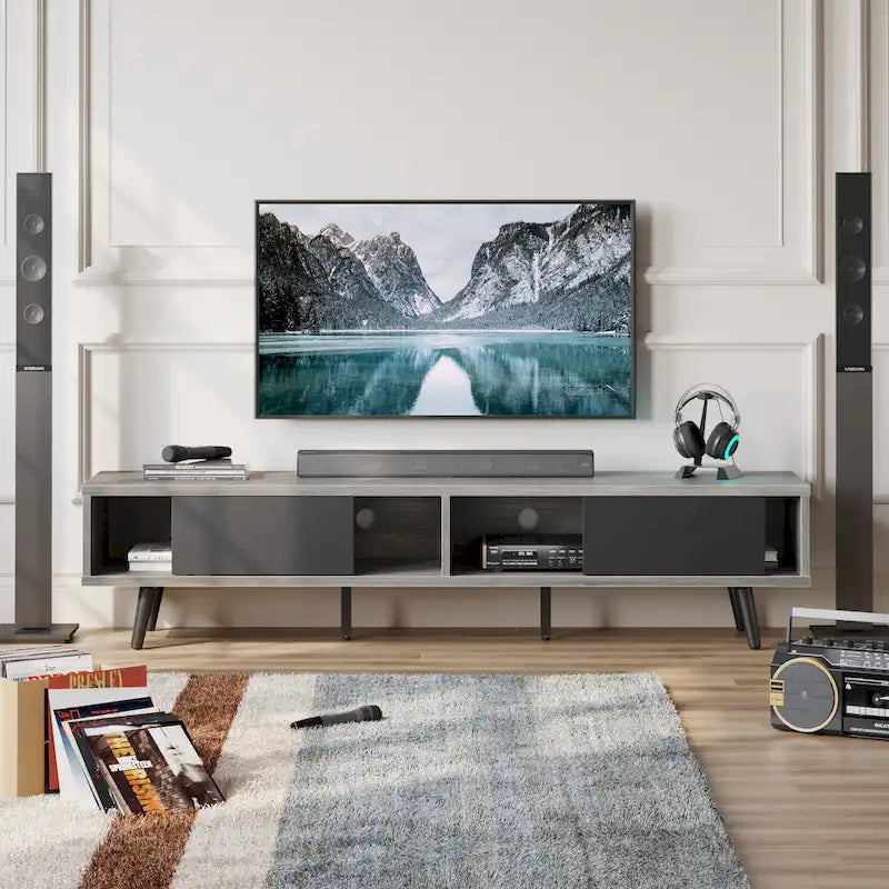 TV-Ständer für Fernseher bis 75 Zoll mit Entertainment-Center aus Massivholz, TV-Konsole im Mid-Century-Stil - 70 Zoll