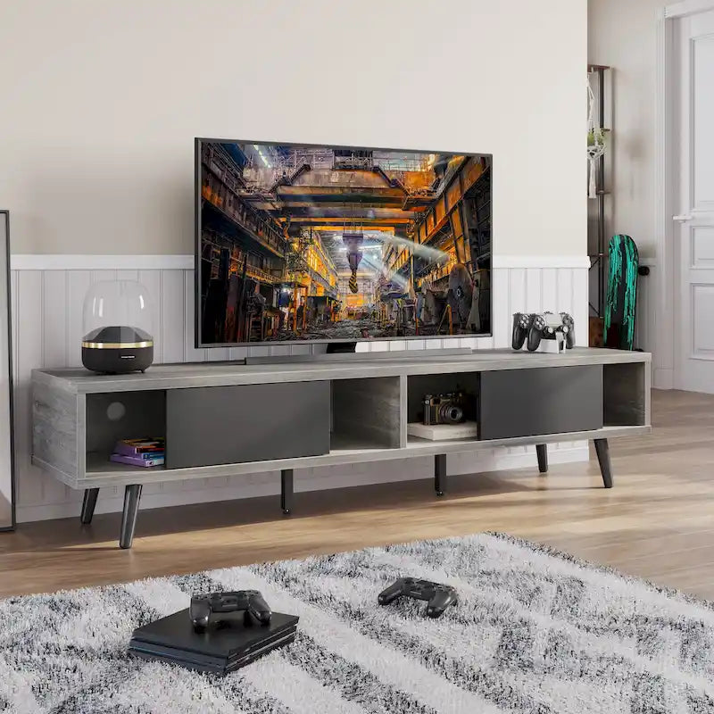 TV-Ständer für Fernseher bis 75 Zoll mit Entertainment-Center aus Massivholz, TV-Konsole im Mid-Century-Stil - 70 Zoll