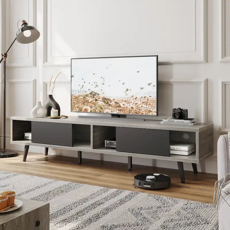 TV-Ständer für Fernseher bis 75 Zoll mit Entertainment-Center aus Massivholz, TV-Konsole im Mid-Century-Stil - 70 Zoll