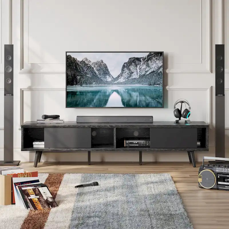 TV-Ständer für Fernseher bis 75 Zoll mit Entertainment-Center aus Massivholz, TV-Konsole im Mid-Century-Stil - 70 Zoll