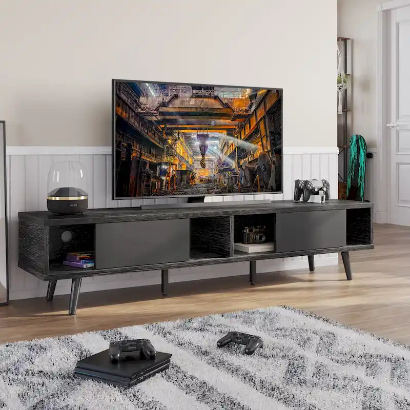 TV-Ständer für Fernseher bis 75 Zoll mit Entertainment-Center aus Massivholz, TV-Konsole im Mid-Century-Stil - 70 Zoll