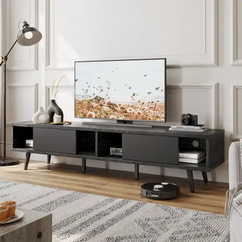 TV-Ständer für Fernseher bis 75 Zoll mit Entertainment-Center aus Massivholz, TV-Konsole im Mid-Century-Stil - 70 Zoll
