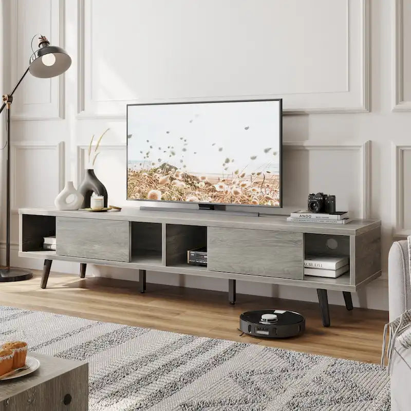 TV-Ständer für Fernseher bis 75 Zoll mit Entertainment-Center aus Massivholz, TV-Konsole im Mid-Century-Stil - 70 Zoll