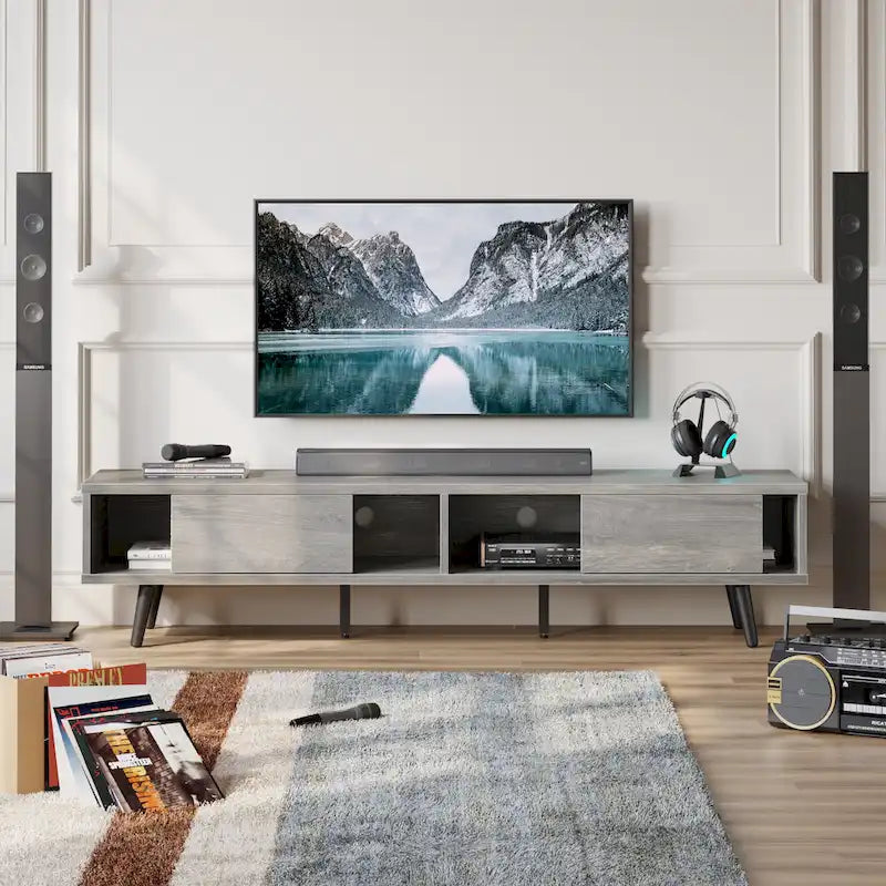 TV-Ständer für Fernseher bis 75 Zoll mit Entertainment-Center aus Massivholz, TV-Konsole im Mid-Century-Stil - 70 Zoll