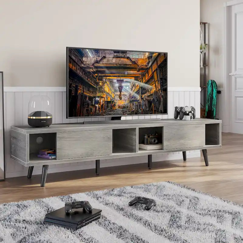 TV-Ständer für Fernseher bis 75 Zoll mit Entertainment-Center aus Massivholz, TV-Konsole im Mid-Century-Stil - 70 Zoll