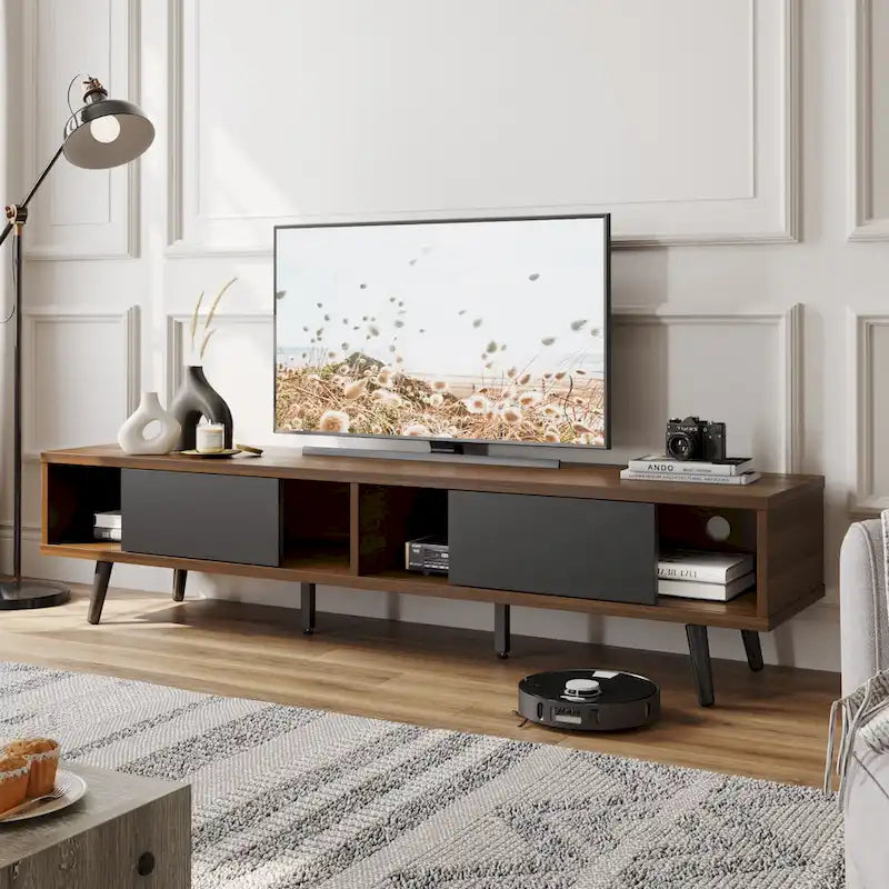 TV-Ständer für Fernseher bis 75 Zoll mit Entertainment-Center aus Massivholz, TV-Konsole im Mid-Century-Stil - 70 Zoll