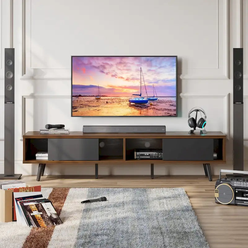 TV-Ständer für Fernseher bis 75 Zoll mit Entertainment-Center aus Massivholz, TV-Konsole im Mid-Century-Stil - 70 Zoll