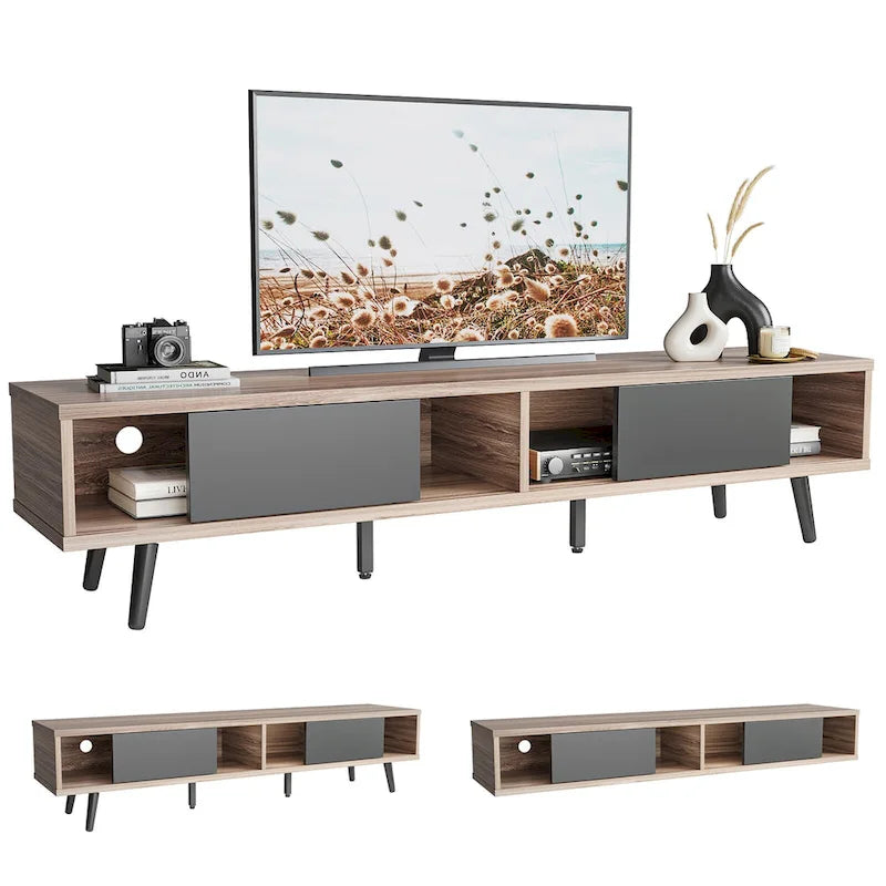 TV-Ständer für Fernseher bis 75 Zoll mit Entertainment-Center aus Massivholz, TV-Konsole im Mid-Century-Stil - 70 Zoll