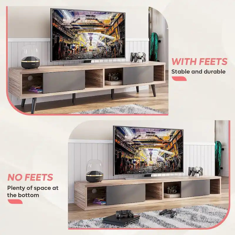 TV-Ständer für Fernseher bis 75 Zoll mit Entertainment-Center aus Massivholz, TV-Konsole im Mid-Century-Stil - 70 Zoll