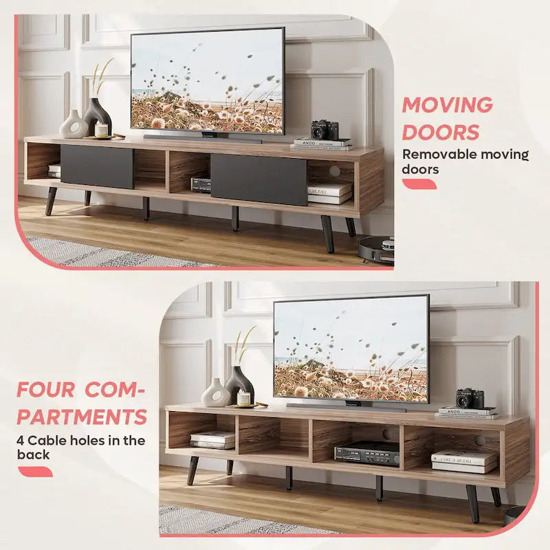 TV-Ständer für Fernseher bis 75 Zoll mit Entertainment-Center aus Massivholz, TV-Konsole im Mid-Century-Stil - 70 Zoll