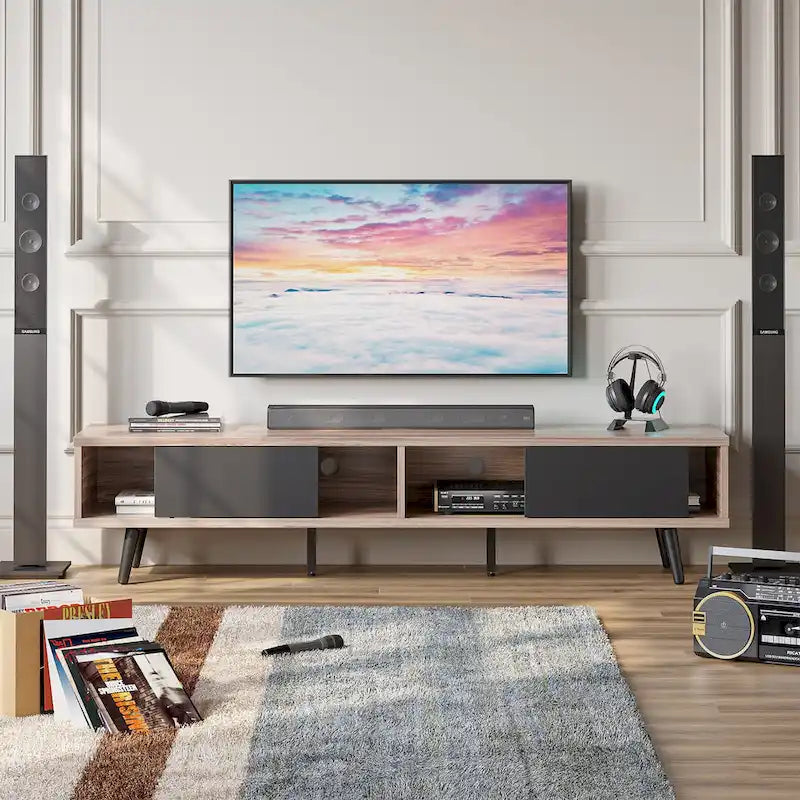 TV-Ständer für Fernseher bis 75 Zoll mit Entertainment-Center aus Massivholz, TV-Konsole im Mid-Century-Stil - 70 Zoll