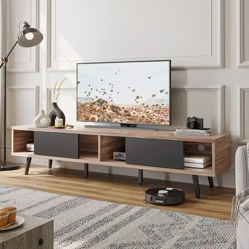 TV-Ständer für Fernseher bis 75 Zoll mit Entertainment-Center aus Massivholz, TV-Konsole im Mid-Century-Stil - 70 Zoll