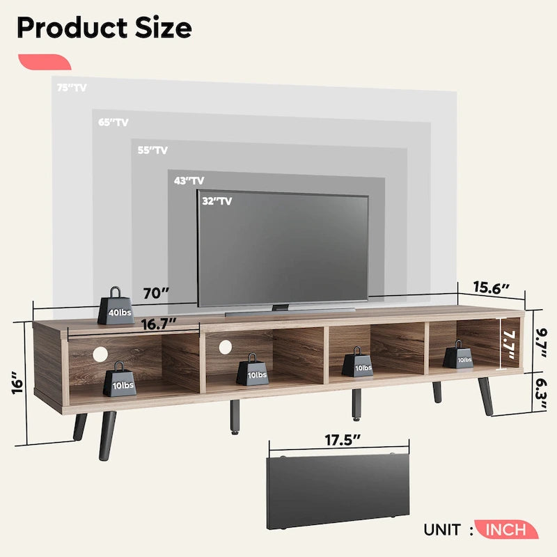 TV-Ständer für Fernseher bis 75 Zoll mit Entertainment-Center aus Massivholz, TV-Konsole im Mid-Century-Stil - 70 Zoll