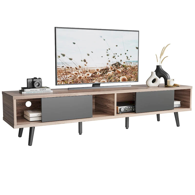 TV-Ständer für Fernseher bis 75 Zoll mit Entertainment-Center aus Massivholz, TV-Konsole im Mid-Century-Stil - 70 Zoll