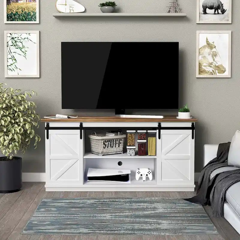 TV-Ständer mit 2 Ablagen für Fernseher von 43 bis 65. Schlichter moderner Mid-Century-Stil im Landhausstil mit Scheunentor - einfach etwas zu verstauen