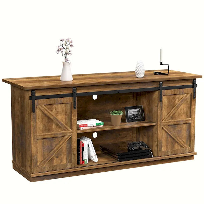 TV-Ständer mit 2 Ablagen für Fernseher von 43 bis 65. Schlichter moderner Mid-Century-Stil im Landhausstil mit Scheunentor - einfach etwas zu verstauen